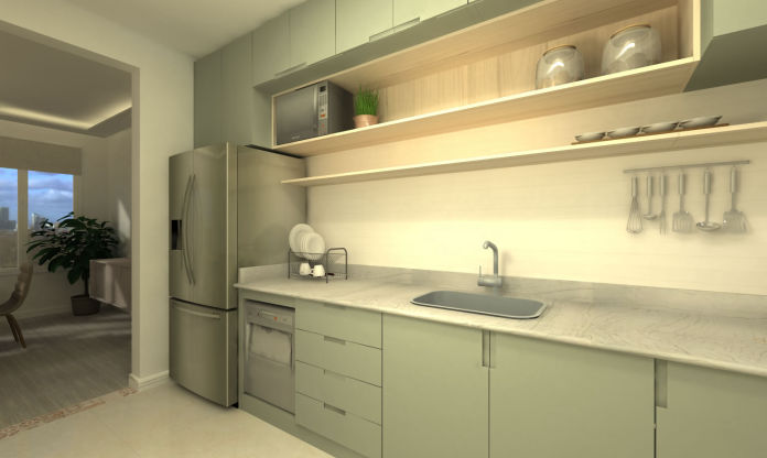 Projeto em 3D de móveis com cozinha com renderização feita no 3Cad LITE.